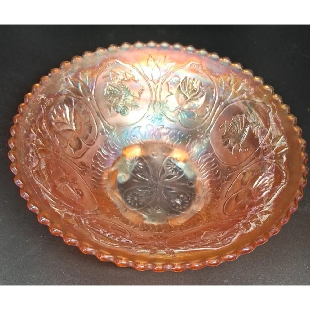 Carnival Glass Bowl  on‎ Pedestal with Dragon and Lotus pattern